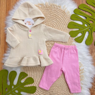 Conj. Casaco Boucle com Capuz e Legging - Areia e Rosa